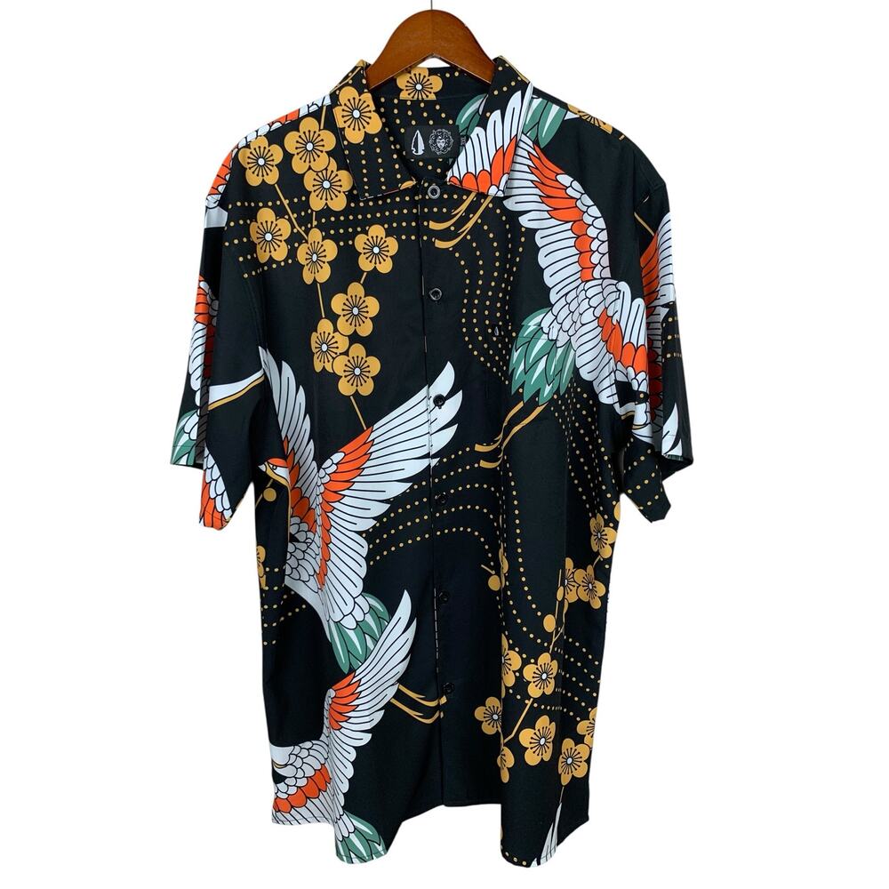 Tachuntfish THF Mojito Button Front Shirt Short Sleeve Crane Print Men's 3XL